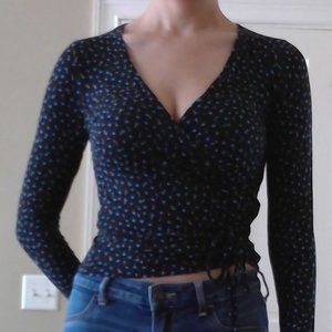 Envii Black/Blue Small Floral Wrap Long Sleeve Top